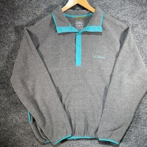 LL Bean Snap-T Fleece Pullover Mens Medium Gray Teal Contrast Trim Sweater